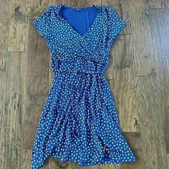 Lands End Dress Womens Polka Dots Stretch Wrap Tie Knee Length Blue 10-12 - Picture 1 of 3